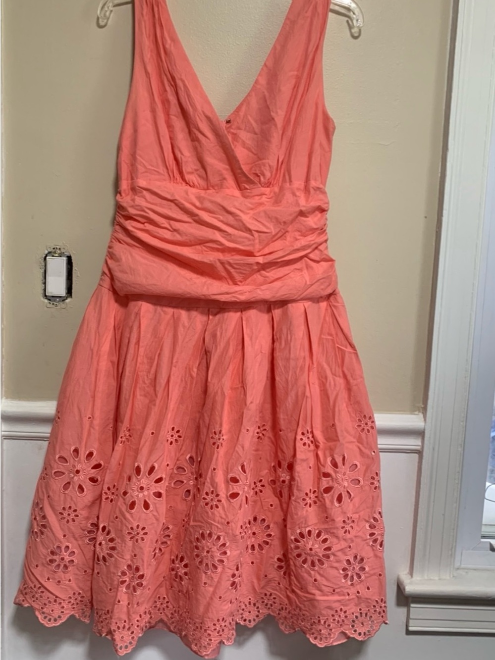 S.L. Fashions Coral Pink Fit & Flare Cocktail Dress Size 12 Floral Eyelet